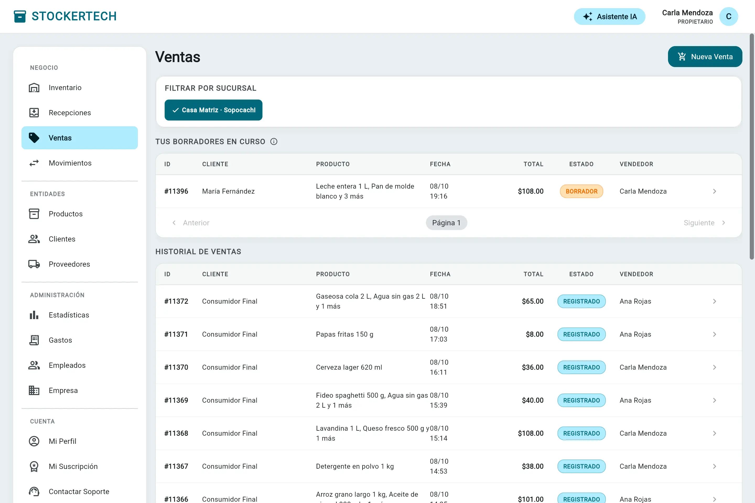 Ventas en borrador y registradas, con cliente, total y vendedor.